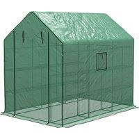 Outsunny Walk-in Greenhouse with 3 Tier Shelves, Outdoor Green House Garden Grow House with Reinforced PE Cover, Roll-up Door and Mesh Windows, 140 x 213 x 190cm, Green