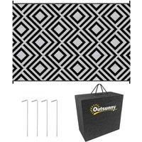 Outsunny Reversible Outdoor Rug with Carry Bag and Ground Stakes, Waterproof Plastic Straw Mat for Garden, Deck, RV, Picnic, Beach, Camping, 182 x 274 cm, Black & White
