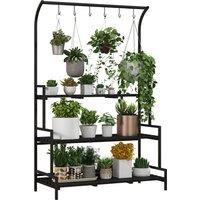 Outsunny 3 Tiered Plant Rack with Hanging Hooks, Tall Plant Stand for Indoor Outdoor Porch Balcony Use, Black