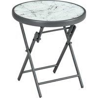 Outsunny £45cm Outdoor Side Table, Round Folding Patio Table with Imitation Marble Glass Top, Small Coffee Table, White