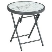 Outsunny Round Folding Side Table w/ Imitation Marble Glass Top, White