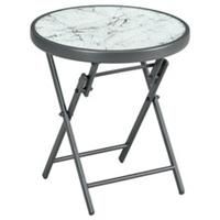 Outsunny Round Folding Side Table w/ Imitation Marble Glass Top, White