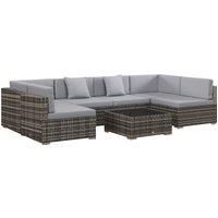 Outsunny 7 Pcs PE Rattan Garden Furniture Set w/ Thick Padded Cushion, Patio Corner Sofa Sets w/ Glass Coffee Table & Pillows, Mixed Grey