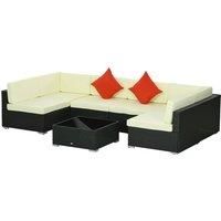 Outsunny 7 Pieces PE Rattan Garden Furniture Set with Thick Padded Cushion, Patio Garden Corner Sofa Sets with Glass Coffee Table and Pillows, Buckle Structure, Black