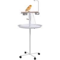 PawHut Bird Table, Bird Feeder Stand with Four Wheels, Perches, Stainless Steel Feed Bowls, Round Tray, for Garden, Indoor, Outdoor - White