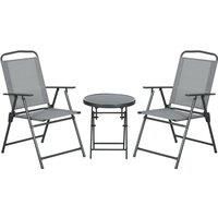 Outsunny 3 Pieces Garden Table and Chairs, Outdoor Bistro Set, Patio Conversation Furniture Set with Foldable Breathable Mesh Fabric Armchairs & Glass Top Coffee Table, Light Grey