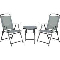 Outsunny 3 Pieces Garden Table and Chairs, Outdoor Bistro Set, Patio Conversation Furniture Set with Foldable Breathable Mesh Fabric Armchairs & Glass Top Coffee Table, Light Grey