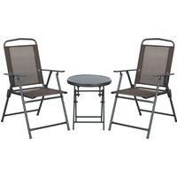 Outsunny 3 Pcs Garden Table and Chairs, Outdoor Bistro Set, Patio Conversation Furniture Set w/ Foldable Armchairs & Glass Top Coffee Table, Brown