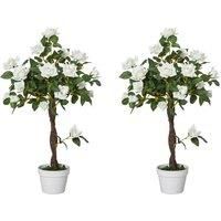 Outsunny Set of 2 Artificial Plants White Rose Floral in Pot, Fake Plants for Home Indoor Outdoor Decor, 90cm