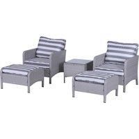 Outsunny 2 Seater PE Rattan Garden Furniture Set, 2 Armchairs 2 Stools Glass Top Table Cushions Wicker Weave Chairs Outdoor Seating - Grey