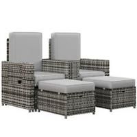 Outsunny Recliner Rattan Sun Lounger w/ Storage Tea Table & Footstools, Grey