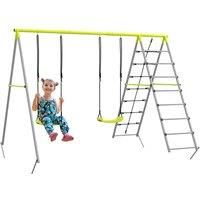 Outsunny 4 in 1 Garden Swing Set, Metal Kids Swing Set with Double Swings, Climber, Climbing Net, for Outdoor Play - Green