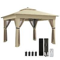 Outsunny 3x3(m) Pop Up Gazebo w/ Solar-Powered LED Lights Curtain Netting Khaki