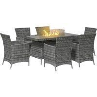 Outsunny 7 Pcs PE Rattan Dining Sets w/ Fire Pit Table, Garden Dining Set w/ Heater Table, Armchairs w/ Cushions, Glass Windscreen, 50,000 BTU, Grey