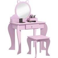 Zonekiz Kids Dressing Table Cat Design W Mirror Stool Drawer Storage Boxes