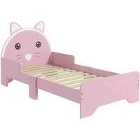 ZONEKIZ Toddler Bed Frame, Kids Bed Cat Design Princess Bed Bedroom Furniture with Guardrails, for 3-6 Years Old, 143L x 74W x 72Hcm - Pink