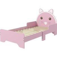 ZONEKIZ Bed for Kids Cat Design Toddler Bed Frame Bedroom Furniture with Guardrails, for 3-6 Years, 143L x 74W x 72Hcm - Pink