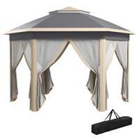 Outsunny 3x4m Hexagon Gazebo w/ Metal Frame Mesh Curtains Outdoor Garden, Khaki