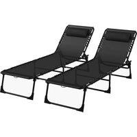 Outsunny 2 Pcs Folding Sun Lounger Beach Chaise Chair Garden Cot Camping Recliner with 4 Position Adjustable Black