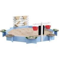 Outsunny Kids Sandbox with Wooden Frame and 6 Seats, Creative Play Area, Blue