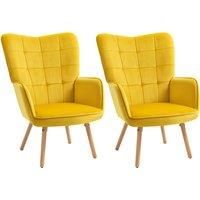 HOMCOM Modern Accent Chair Velvet-Touch Tufted Wingback Armchair Upholstered Leisure Lounge Sofa Club Chair with Wood Legs, Set of 2, Yellow