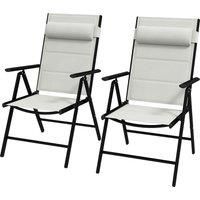 Outsunny Set of 2 Patio Folding Chairs w/ Adjustable Back, Garden Dining Chairs w/ Breathable Mesh Fabric Padded Seat, Backrest, Headrest, Light Grey