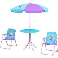 Outsunny Kids Picnic Table and Chair Set, Fairy Themed Outdoor Garden Furniture w/ Foldable Chairs, Adjustable Parasol