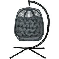 Outsunny Outdoor Swing Chair w/ Thick Padded Cushion, Patio Hanging Chair w/ Metal Stand, Foldable Basket, Cup Holder, Dark Grey