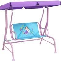 Outsunny 2 Seater Kids Garden Swing Fairy Themed Kids Swing Chair with Adjustable Canopy, Safety Belts for Park Porch Poolside