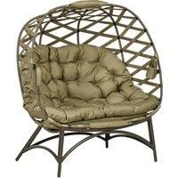 Outsunny 2 Seater Egg Chair Outdoor, Folding Weave Garden Furniture Chair with Cushion, Cup Pockets - Khaki