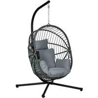 Outsunny Outdoor Swing Chair with Thick Padded Cushion, Patio Hanging Chair with Metal Stand, Foldable Basket Egg Chair with Cup Holder, Rope Structure, for Indoor and Outdoor, Grey