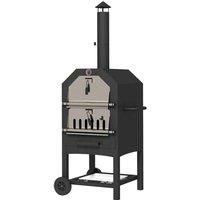 Outsunny 2-in-1 Outdoor Pizza Oven 3-Tier Freestanding BBQ Grill with Rain Cover, Chimney, Thermometer, Bottom Shelf, Anti-scald Handles, Wheels for Garden Party Gathering