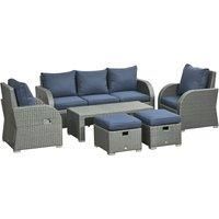 Outsunny 6pc Outdoor Rattan Wicker Furniture Set with 3-Seat Sofa, 2 Single Sofas, 2 Footstools and Coffee Table