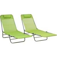 Outsunny Folding Sun Lounger Set of 2, Outdoor Day Beds with Pillow, Reclining Back, Steel Frame and Breathable Mesh for Beach, Yard, Patio, Green