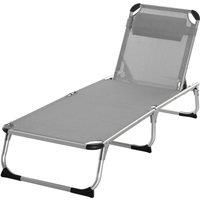 Outsunny Foldable Reclining Sun Lounger Lounge Chair Camping Bed Cot w/ Pillow 4-Level Adjustable Back Aluminium Frame Grey