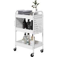 HOMCOM 3-tier Storage Trolley on Wheels, Rolling Utility Serving Cart with 3 Mesh Baskets, 2 Hanging Boxes and 6 Hooks for Living Room, Kitchen, White