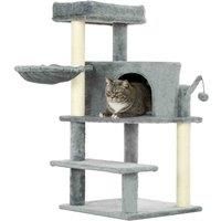 PawHut Cat Tree Tower for Indoor Cats Cat Scratching Post 100cm Climbing Frame Kitten Activity Centre with Sisal Condo Hammock Bed Hanging Toy, Grey
