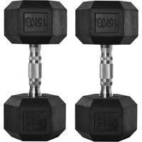 HOMCOM Fitness Fortifiers: 2x15kg Rubber Hex Dumbbells, Non-Slip Grip for Home Gym Workouts, Jet Black Aosom UK