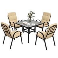 Outsunny Garden Dining Set, Glass Table w/ Umbrella Hole & Texteline Seats