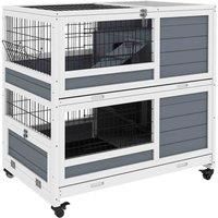 PawHut Rabbit Hutch Guinea Pig Hutch Indoor Wooden Small Animal House with Wheels, Openable Top, No-Leak Plastic Trays - Grey