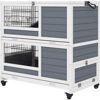 PawHut Double Deckers Guinea Pig Cage Rabbit Hutch Indoor with Feeding Trough, Trays, Ramps, Openable Top - Grey