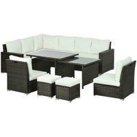 Outsunny 10-Seater Sofa Sectional w/ Cushioned Seat, Footstools and Glass Table, Cream