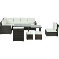Outsunny 7 Piece Rattan Garden Furniture Set with Cushioned Sofa Seat, Footstools and Expandable Glass Table, 10-Seater, Cream