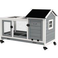 PawHut Wooden Rabbit Hutch, Guinea Pig Cage, with Removable Tray, Wheels - Grey