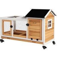 PawHut Wooden Rabbit Hutch, Guinea Pig Cage, with Removable Tray, Wheels - Yellow