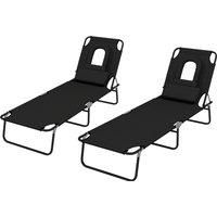Outsunny Outdoor Foldable Sun Lounger Set of 2, 4 Level Adjustable Backrest Reclining Sun Lounger Chair with Pillow and Reading Hole, Black