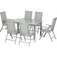 Outsunny 7 Piece Garden Dining Set, Outdoor Table and 6 Folding and Reclining Chairs, Aluminium Frame, Tempered Glass Top Table, Texteline Seats, Grey