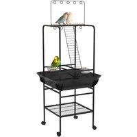 PawHut Bird Table, Bird Feeder Stand with Wheels, Perches, Stainless Steel Feed Bowls, Pull-Out Tray for Indoor, Outdoors, Small Parrot Table - Dark Grey