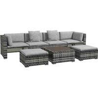 Outsunny 7 Pieces PE Rattan Garden Furniture Set with Side Table, Patio Sofa Set with Glass Table, Stools, Cushions, Pillows, for Poolside, Mixed Grey