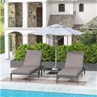 Outsunny 3 Pieces Garden Sun Loungers Set with Cushion, 5-level Adjustable Outdoor Recliner Bed Set w/ Glass Top Table, 2-In-1 Design